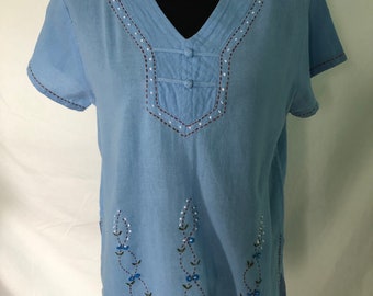 1970s Thai blue cotton top with embroidery