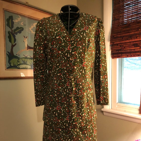 1965 green and orange paisley corduroy suit