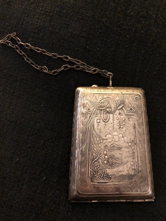 1920s silver plate minaudiere with bird pattern