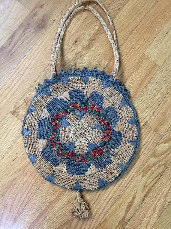 1930s colorful round woven straw bag with tassel