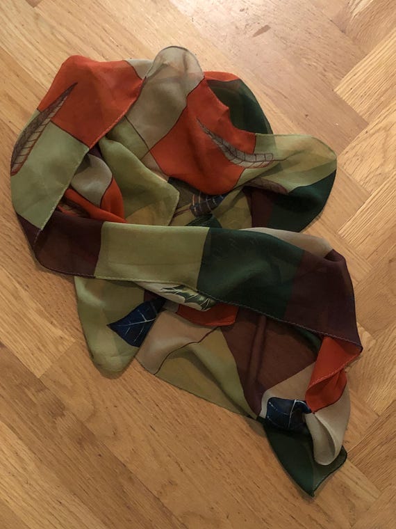 Autumnal tones check and leaf pattern silk scarf - image 4