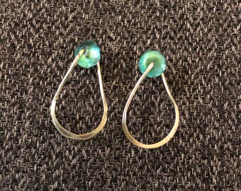 Handmade sterling loop earrings with aquamarine glass bead