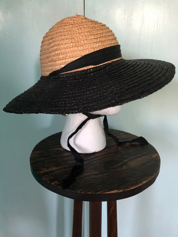 Black and tan straw wide brim hat - image 1