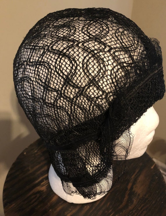 1920s lacy black rattan helmet cloche - image 3