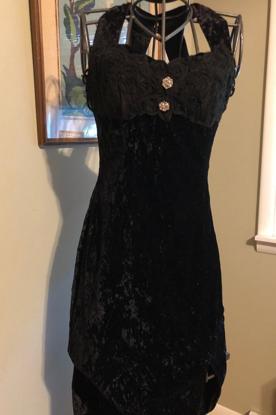 1960s black crushed velvet and lace modified halte