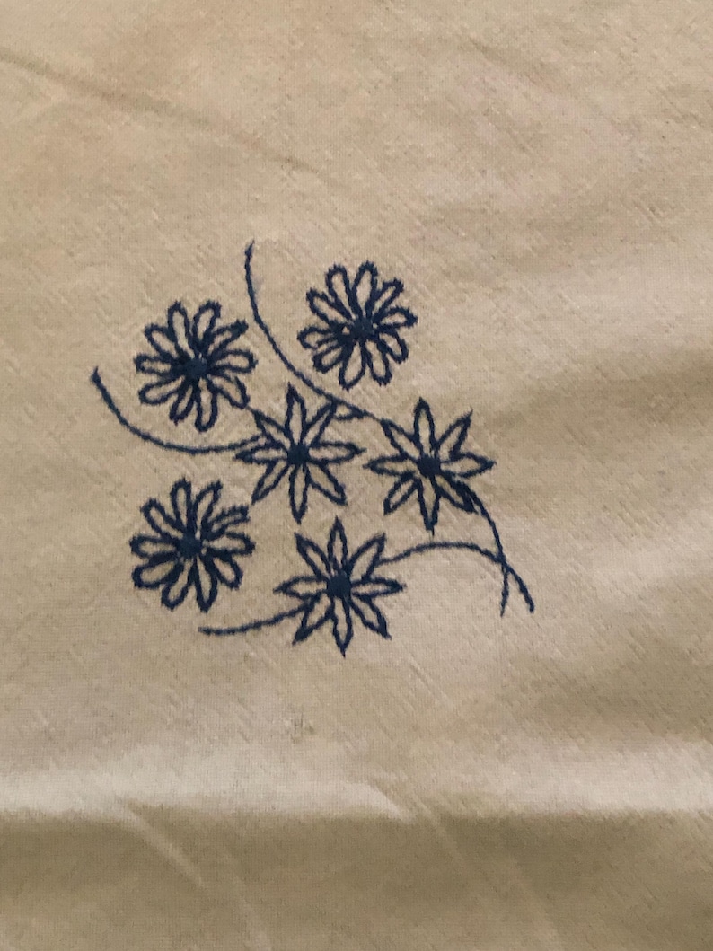 May include: Close-up of a cream-colored fabric with a cluster of embroidered blue flowers. The flowers have detailed petals and are connected by thin, curved stems. The embroidery adds a delicate, handmade touch to the textile.