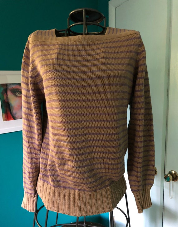 1970s tan and lilac striped pullover sweater - image 1