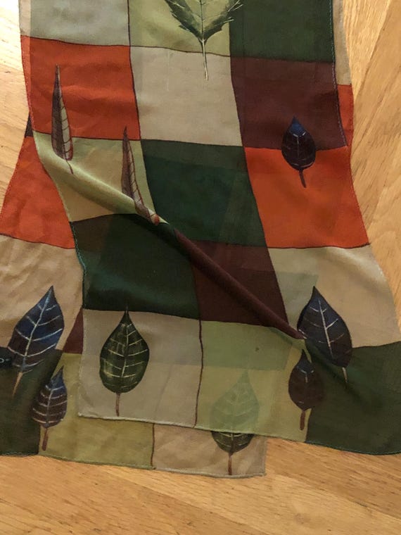 Autumnal tones check and leaf pattern silk scarf - image 2