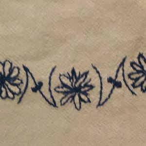 May include: Close-up of a cream-colored fabric with a repeating embroidered floral pattern in dark blue. The design features stylized flowers and curved lines, creating a decorative border.