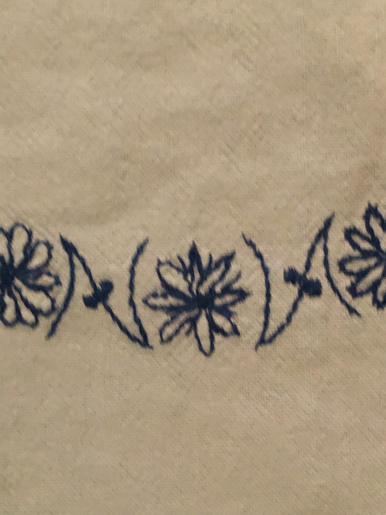 May include: Close-up of a cream-colored fabric with a repeating embroidered floral pattern in dark blue. The design features stylized flowers and curved lines, creating a decorative border.