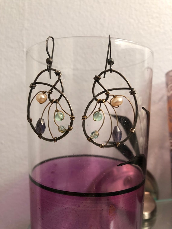 Sweet coiled wire seed pearl and crystal earrings