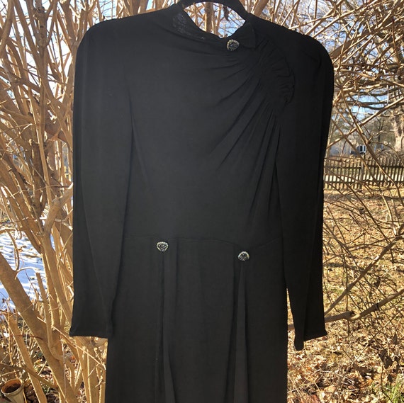 Late 1930s black rayon dress with asymmetrical ruc