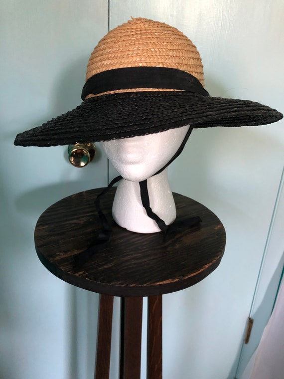 Black and tan straw wide brim hat - image 4