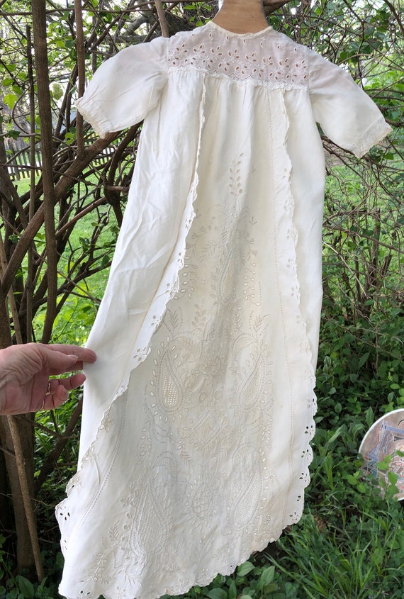 Early 19100s white paisley eyelet christening gown