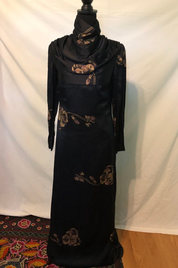 1960s black matte satin evening dress in large gol