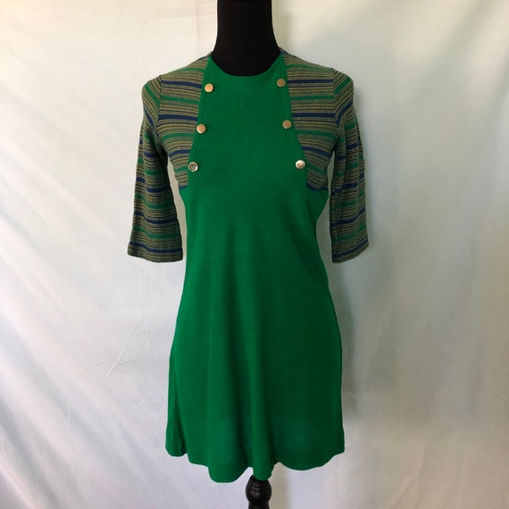 1960s Kelly green knit mini dress with stripe sle… - image 1