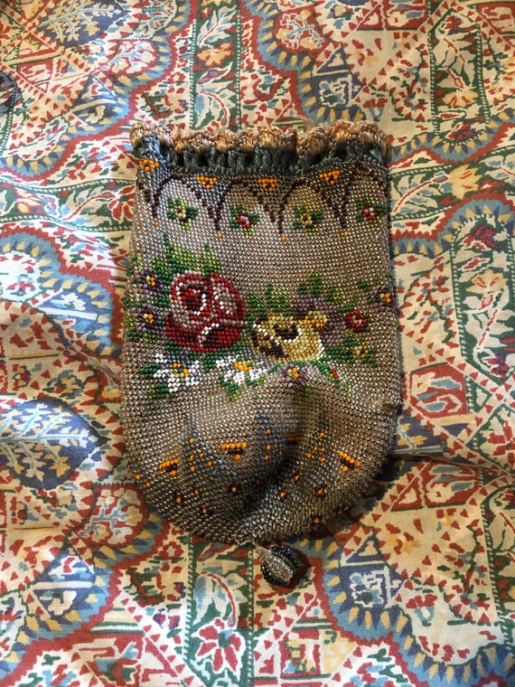 Beaded rose pattern draw string bag - image 5