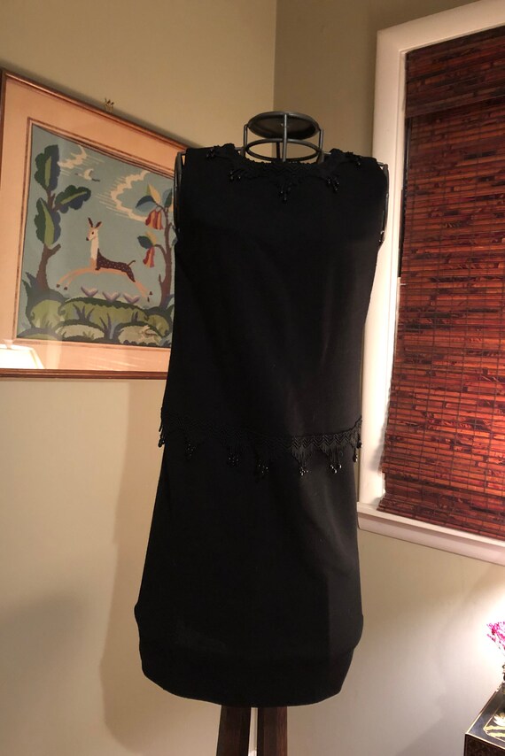 Early 1960s black knit shift with beading and bra… - image 2