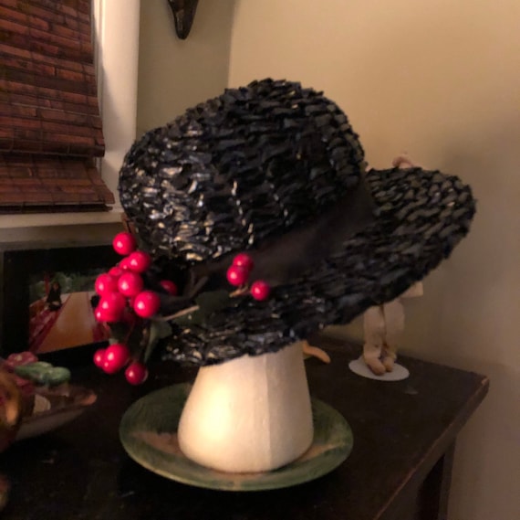 1950s black raffia hat with cherries