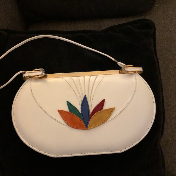 Early 1980s white oval leather bag with multicolor applique