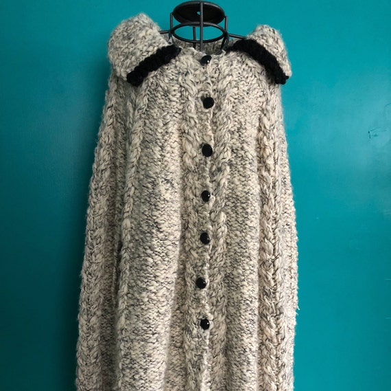 1960s hand knit grey cape with black accents