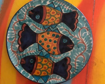Mexican hand colored fish pattern ceramic trivet