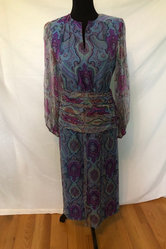 1980s blue silk paisley dress