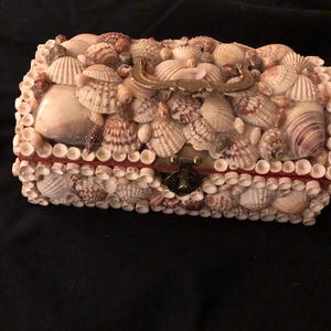 May include: A rectangular box covered in various seashells, with a brass handle and clasp. The shells are primarily white and tan, creating a textured surface. The box has a red trim.