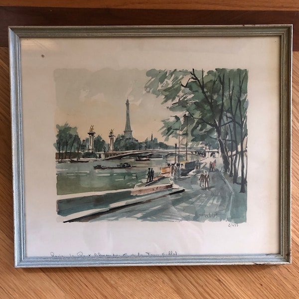 Framed 1950s Franz Herbelot signed and numbered lithograph Pont AlexandrelII et la Tore Eiffel 6/483