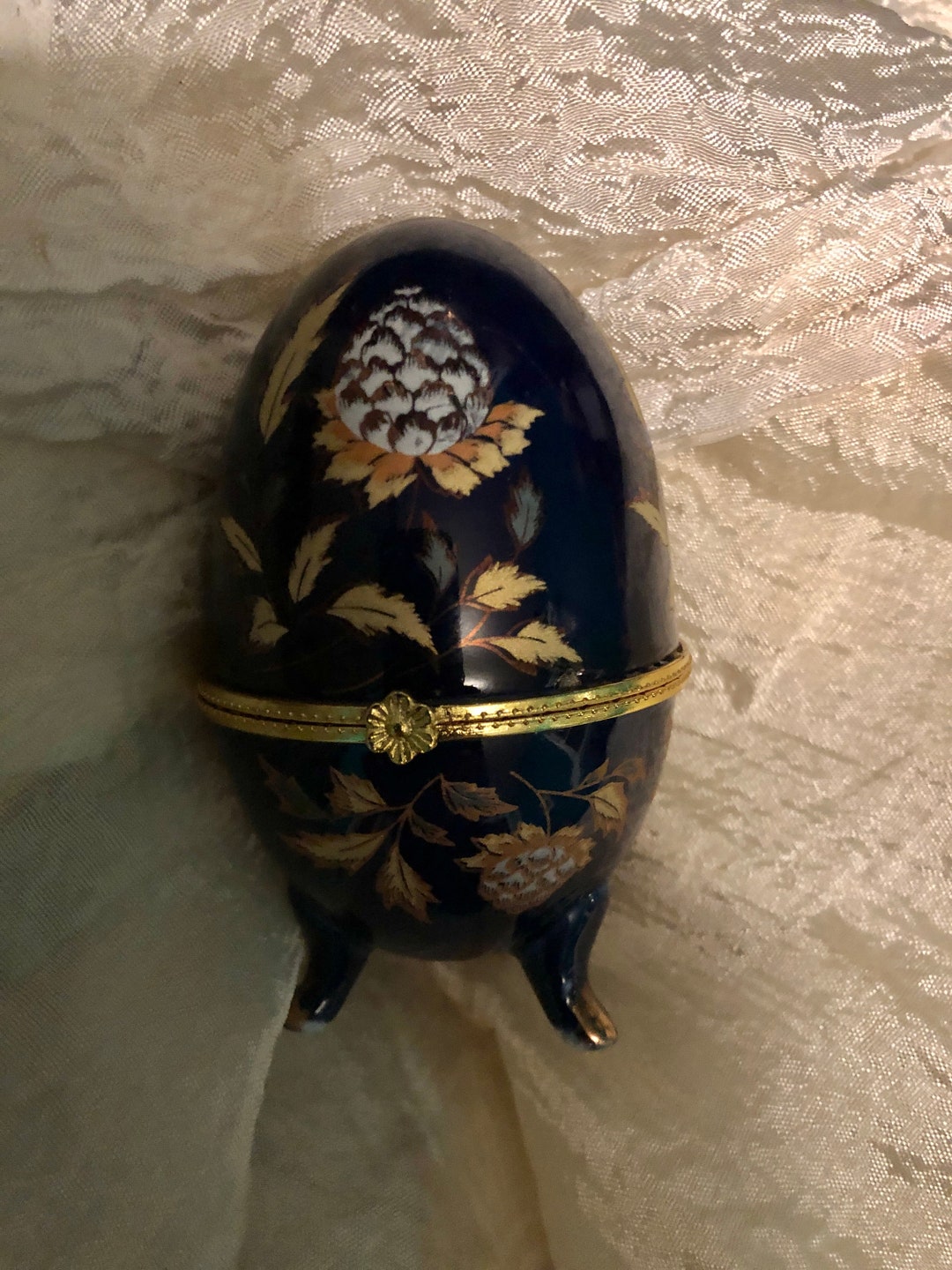 Footed Dark Blue Ceramic Egg Box With Gold Details Etsy