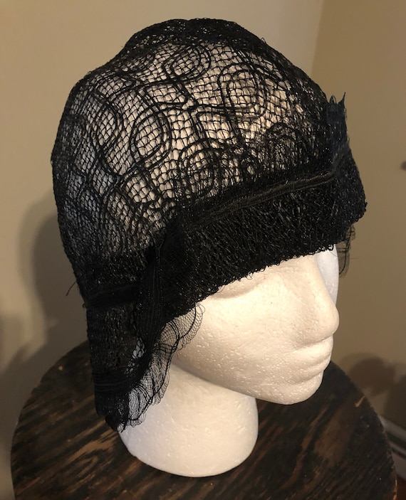 1920s lacy black rattan helmet cloche - image 1