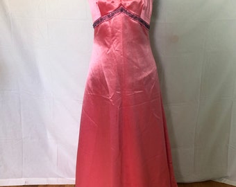 Late 1960s/early 1970s hot pink satin formal with beaded velvet straps