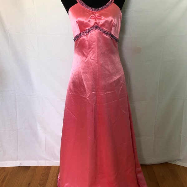 Late 1960s/early 1970s hot pink satin formal with beaded velvet straps