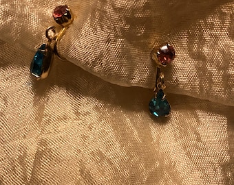 1950s Coro pink and blue rhinestone drop screwback earrings