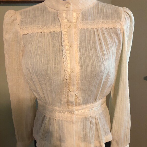 Early 1970s off white crinkle cotton prairie blouse