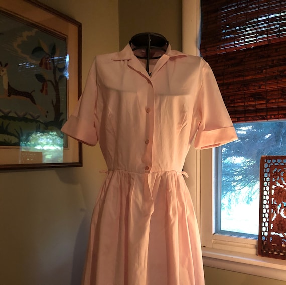 1950s pastel pink cotton/rayon shirtwaist dress