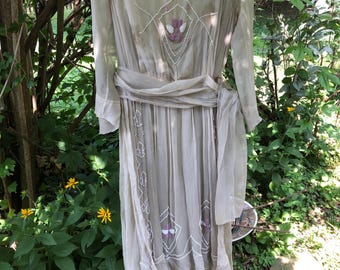 Late 1910s/1920s putty silk crepe dress with beaded detailing