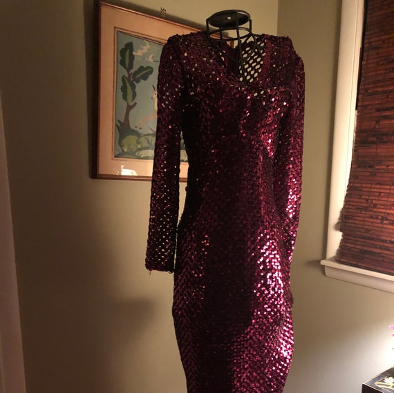 Early 1970s slinky burgundy sequined dress - image 1