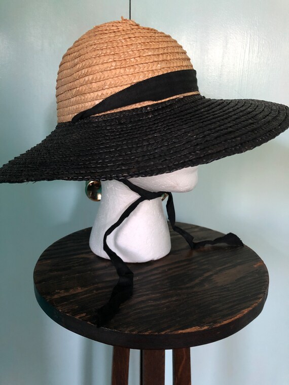 Black and tan straw wide brim hat - image 3