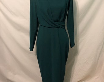 1980s spruce green straight dress with draped bodice and back exposure.