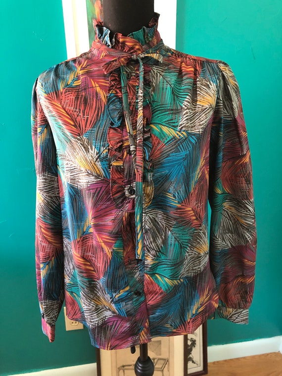 1970s feathery teal and burgundy print blouse