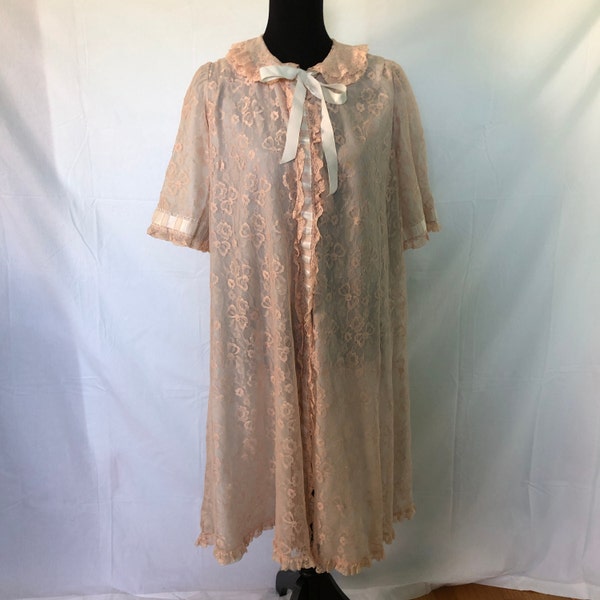 1950s rose beige lace over powder blue nylon duster/robe