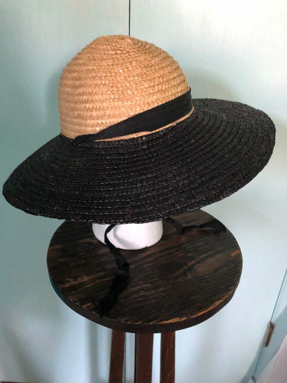 Black and tan straw wide brim hat - image 2