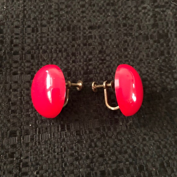 1950s cherry red celluloid dome screw back earrin… - image 2