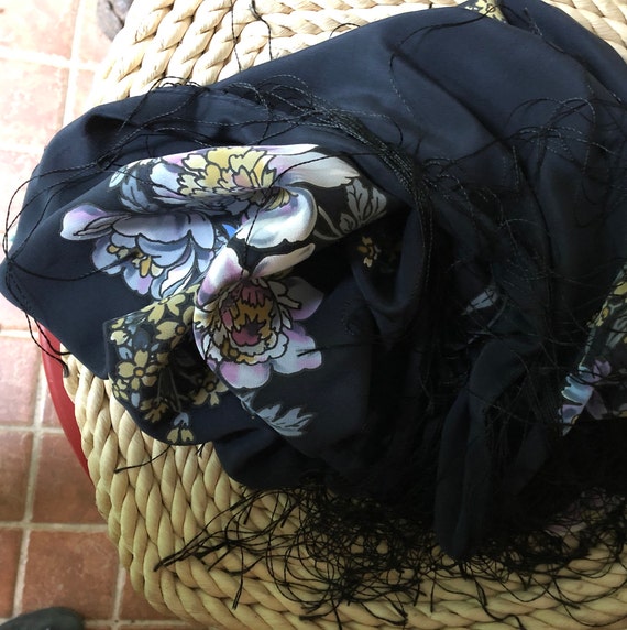 1990s blue black silk fringed scarf with blue ton… - image 3