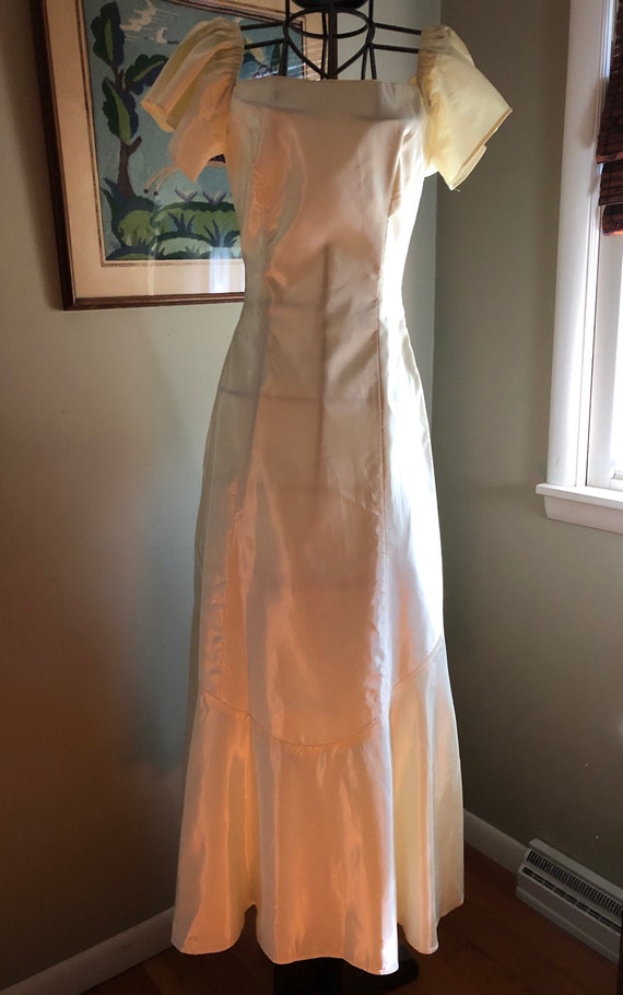 1970s pale yellow faille formal dress