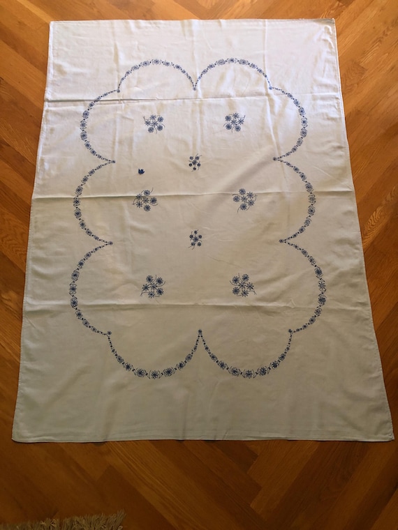 1950s blue on blue cotton embroidered tablecloth
