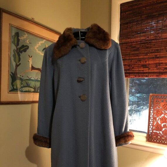1950s dusty blue wool coat with fur trim