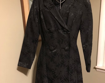 Late 1950s/early 1960s black-on-black floral jacquard cocktail dress and jacket ensemble