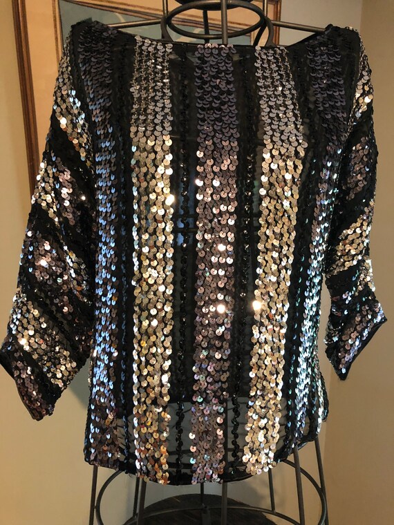 1950s silver, black and grey striped sequined top